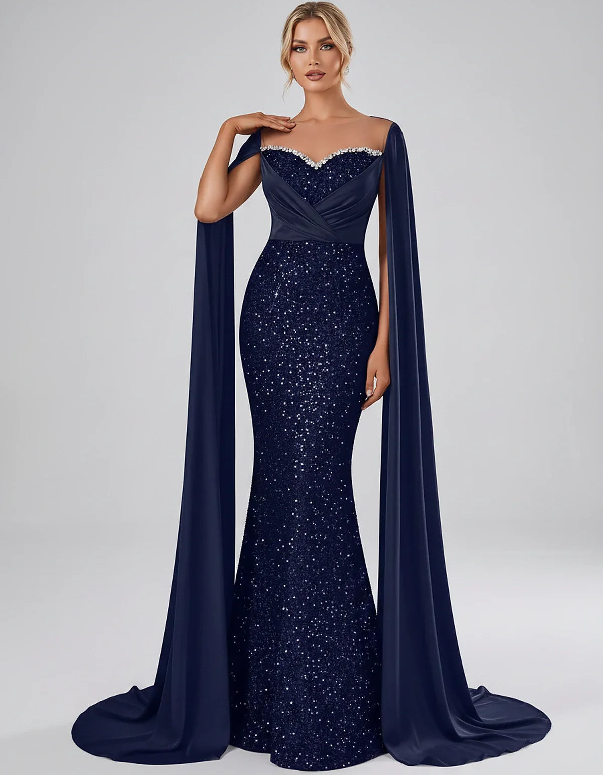 Sequin Cape Sleeve Sweetheart Mermaid Maxi Dress for Party, Cocktail, Evening, Wedding Guest, Prom & Summer Events, front vie | SKU: CMD-583920174618352-NAVY-L,CMD-583920174618352-NAVY-M,CMD-583920174618352-NAVY-S,CMD-583920174618352-NAVY-XL,CMD-583920174618352-NAVY-XS