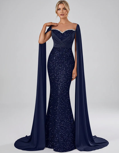 Sequin Cape Sleeve Sweetheart Mermaid Maxi Dress for Party, Cocktail, Evening, Wedding Guest, Prom & Summer Events, front vie | SKU: CMD-583920174618352-NAVY-L,CMD-583920174618352-NAVY-M,CMD-583920174618352-NAVY-S,CMD-583920174618352-NAVY-XL,CMD-583920174618352-NAVY-XS