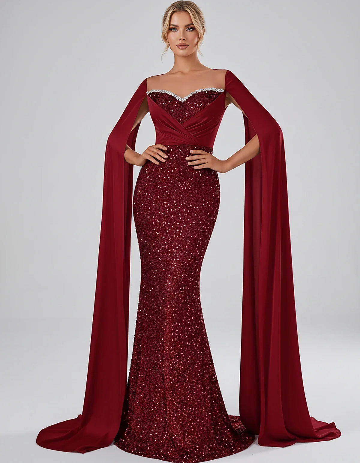 Sequin Cape Sleeve Sweetheart Mermaid Maxi Dress for Party, Cocktail, Evening, Wedding Guest, Prom & Summer Events, front vie | SKU: CMD-583920174618352-RED-L,CMD-583920174618352-RED-M,CMD-583920174618352-RED-S,CMD-583920174618352-RED-XL,CMD-583920174618352-RED-XS