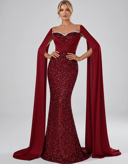 Sequin Cape Sleeve Sweetheart Mermaid Maxi Dress for Party, Cocktail, Evening, Wedding Guest, Prom & Summer Events, front vie | SKU: CMD-583920174618352-RED-L,CMD-583920174618352-RED-M,CMD-583920174618352-RED-S,CMD-583920174618352-RED-XL,CMD-583920174618352-RED-XS