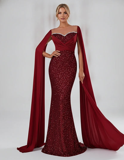 Sequin Cape Sleeve Sweetheart Mermaid Maxi Dress for Party, Cocktail, Evening, Wedding Guest, Prom & Summer Events, front vie | SKU: CMD-583920174618352-RED-L,CMD-583920174618352-RED-M,CMD-583920174618352-RED-S,CMD-583920174618352-RED-XL,CMD-583920174618352-RED-XS