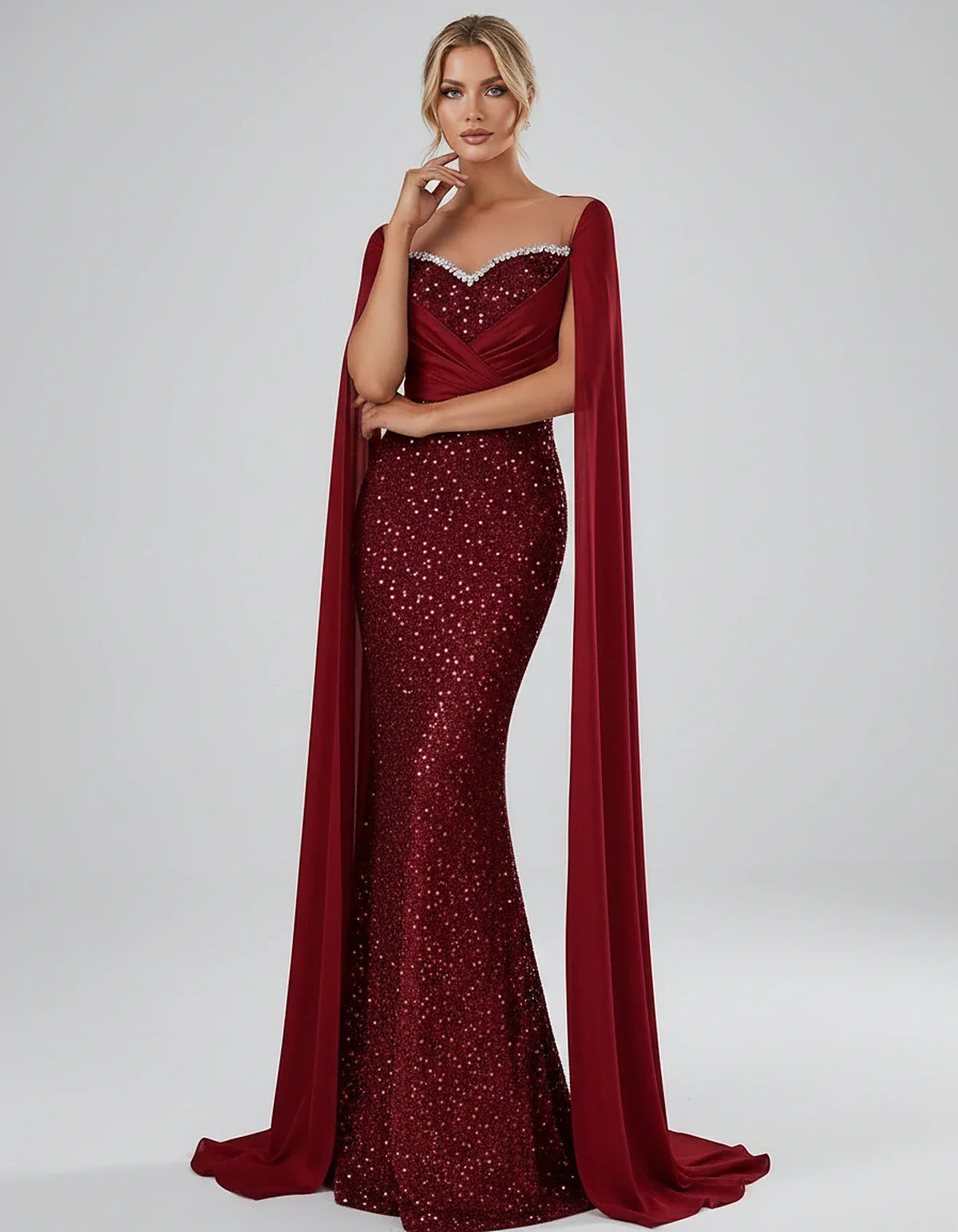 Sequin Cape Sleeve Sweetheart Mermaid Maxi Dress for Party, Cocktail, Evening, Wedding Guest, Prom & Summer Events, front vie | SKU: CMD-583920174618352-RED-L,CMD-583920174618352-RED-M,CMD-583920174618352-RED-S,CMD-583920174618352-RED-XL,CMD-583920174618352-RED-XS