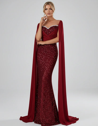 Sequin Cape Sleeve Sweetheart Mermaid Maxi Dress for Party, Cocktail, Evening, Wedding Guest, Prom & Summer Events, front vie | SKU: CMD-583920174618352-RED-L,CMD-583920174618352-RED-M,CMD-583920174618352-RED-S,CMD-583920174618352-RED-XL,CMD-583920174618352-RED-XS