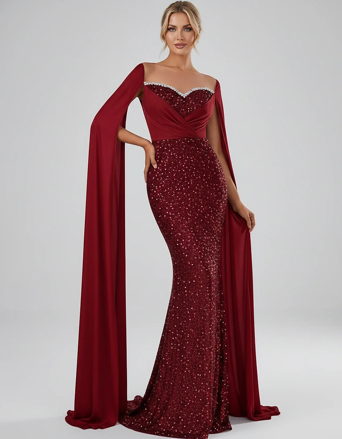 Sequin Cape Sleeve Sweetheart Mermaid Maxi Dress for Party, Cocktail, Evening, Wedding Guest, Prom & Summer Events, front vie | SKU: CMD-583920174618352-RED-L,CMD-583920174618352-RED-M,CMD-583920174618352-RED-S,CMD-583920174618352-RED-XL,CMD-583920174618352-RED-XS