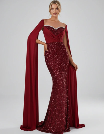 Sequin Cape Sleeve Sweetheart Mermaid Maxi Dress for Party, Cocktail, Evening, Wedding Guest, Prom & Summer Events, front vie | SKU: CMD-583920174618352-RED-L,CMD-583920174618352-RED-M,CMD-583920174618352-RED-S,CMD-583920174618352-RED-XL,CMD-583920174618352-RED-XS
