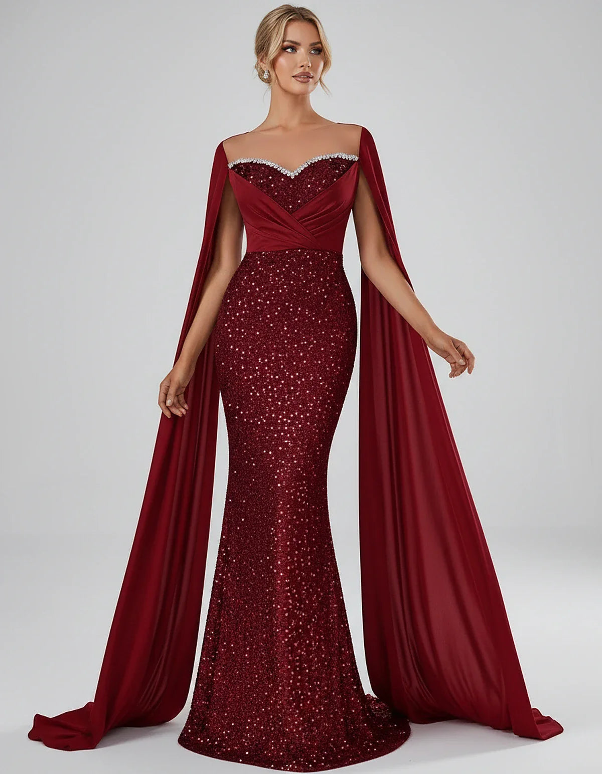 Sequin Cape Sleeve Sweetheart Mermaid Maxi Dress for Party, Cocktail, Evening, Wedding Guest, Prom & Summer Events, front vie | SKU: CMD-583920174618352-RED-L,CMD-583920174618352-RED-M,CMD-583920174618352-RED-S,CMD-583920174618352-RED-XL,CMD-583920174618352-RED-XS