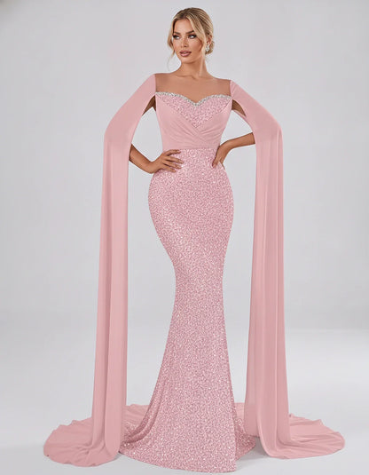 Sequin Cape Sleeve Sweetheart Mermaid Maxi Dress for Party, Cocktail, Evening, Wedding Guest, Prom & Summer Events, front vie | SKU: CMD-583920174618352-BLUSH-L,CMD-583920174618352-BLUSH-M,CMD-583920174618352-BLUSH-S,CMD-583920174618352-BLUSH-XL,CMD-583920174618352-BLUSH-XS
