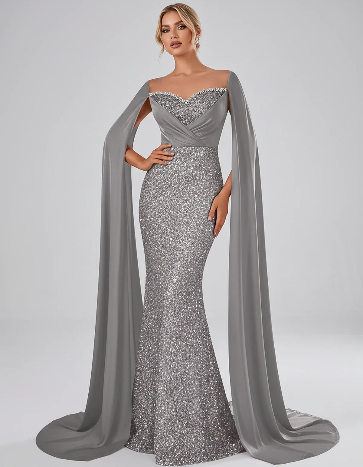 Sequin Cape Sleeve Sweetheart Mermaid Maxi Dress for Party, Cocktail, Evening, Wedding Guest, Prom & Summer Events, front vie | SKU: CMD-583920174618352-SILVER-L,CMD-583920174618352-SILVER-M,CMD-583920174618352-SILVER-S,CMD-583920174618352-SILVER-XL,CMD-583920174618352-SILVER-XS
