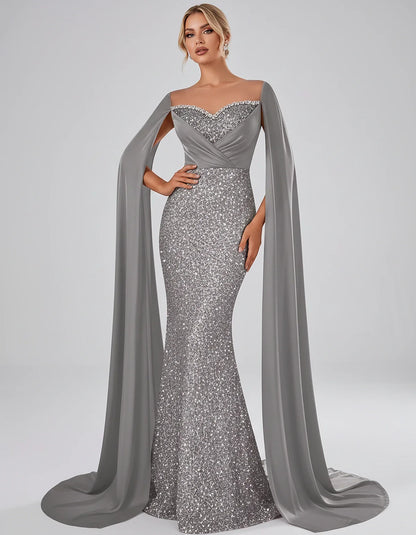Sequin Cape Sleeve Sweetheart Mermaid Maxi Dress for Party, Cocktail, Evening, Wedding Guest, Prom & Summer Events, front vie | SKU: CMD-583920174618352-SILVER-L,CMD-583920174618352-SILVER-M,CMD-583920174618352-SILVER-S,CMD-583920174618352-SILVER-XL,CMD-583920174618352-SILVER-XS