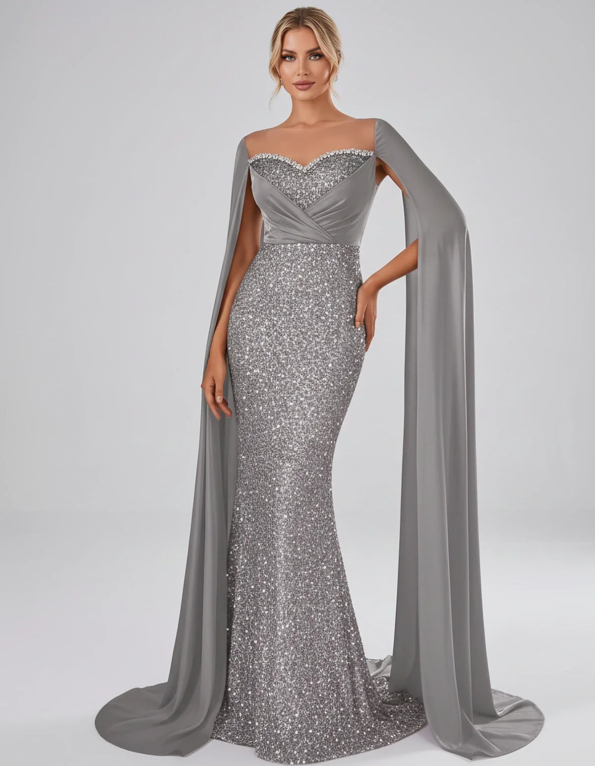 Sequin Cape Sleeve Sweetheart Mermaid Maxi Dress for Party, Cocktail, Evening, Wedding Guest, Prom & Summer Events, front vie | SKU: CMD-583920174618352-SILVER-L,CMD-583920174618352-SILVER-M,CMD-583920174618352-SILVER-S,CMD-583920174618352-SILVER-XL,CMD-583920174618352-SILVER-XS