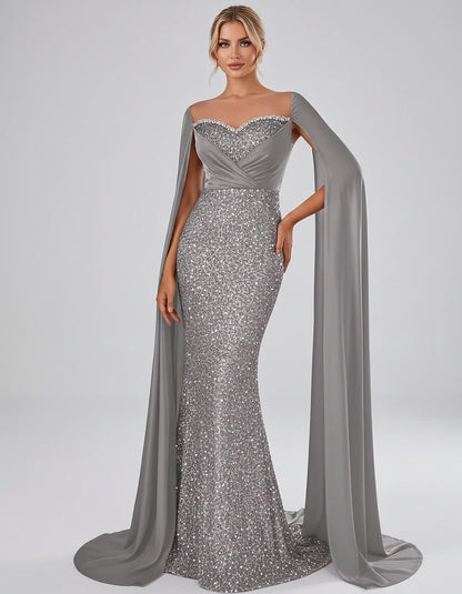 Sequin Cape Sleeve Sweetheart Mermaid Maxi Dress for Party, Cocktail, Evening, Wedding Guest, Prom & Summer Events, front vie | SKU: CMD-583920174618352-SILVER-L,CMD-583920174618352-SILVER-M,CMD-583920174618352-SILVER-S,CMD-583920174618352-SILVER-XL,CMD-583920174618352-SILVER-XS