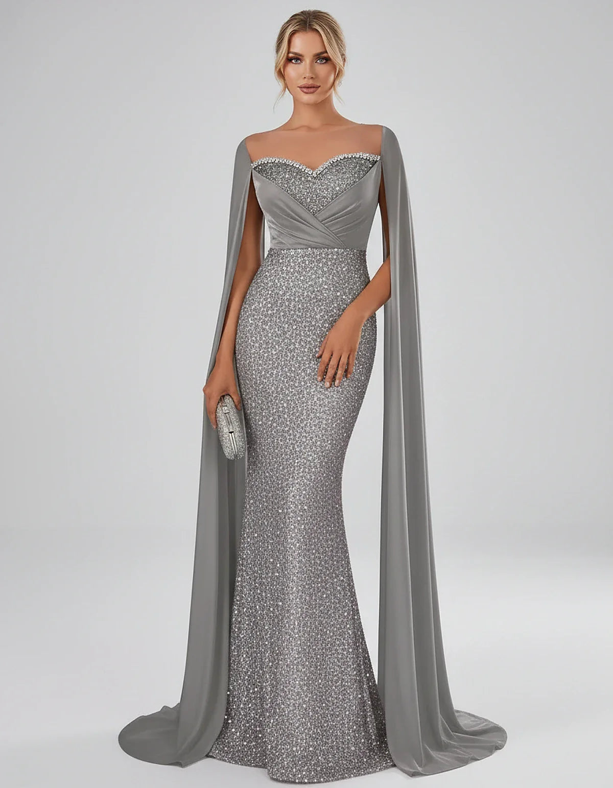 Sequin Cape Sleeve Sweetheart Mermaid Maxi Dress for Party, Cocktail, Evening, Wedding Guest, Prom & Summer Events, front vie | SKU: CMD-583920174618352-SILVER-L,CMD-583920174618352-SILVER-M,CMD-583920174618352-SILVER-S,CMD-583920174618352-SILVER-XL,CMD-583920174618352-SILVER-XS