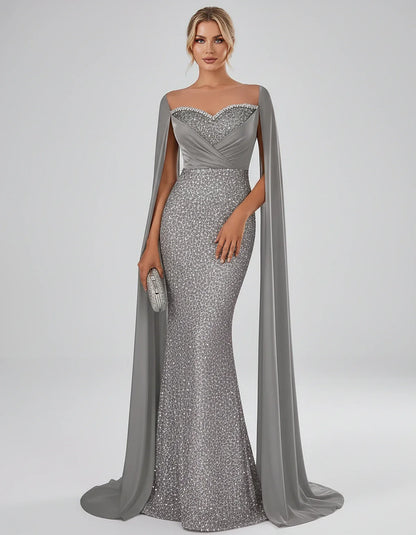Sequin Cape Sleeve Sweetheart Mermaid Maxi Dress for Party, Cocktail, Evening, Wedding Guest, Prom & Summer Events, front vie | SKU: CMD-583920174618352-SILVER-L,CMD-583920174618352-SILVER-M,CMD-583920174618352-SILVER-S,CMD-583920174618352-SILVER-XL,CMD-583920174618352-SILVER-XS