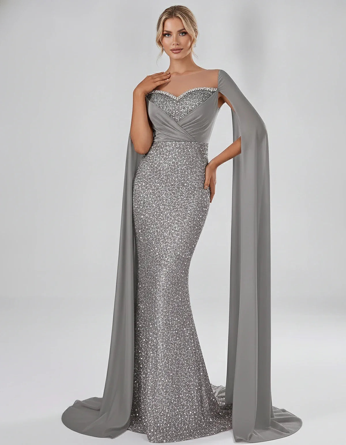 Sequin Cape Sleeve Sweetheart Mermaid Maxi Dress for Party, Cocktail, Evening, Wedding Guest, Prom & Summer Events, front vie | SKU: CMD-583920174618352-SILVER-L,CMD-583920174618352-SILVER-M,CMD-583920174618352-SILVER-S,CMD-583920174618352-SILVER-XL,CMD-583920174618352-SILVER-XS