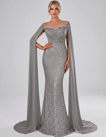 Sequin Cape Sleeve Sweetheart Mermaid Maxi Dress for Party, Cocktail, Evening, Wedding Guest, Prom & Summer Events, front vie | SKU: CMD-583920174618352-SILVER-L,CMD-583920174618352-SILVER-M,CMD-583920174618352-SILVER-S,CMD-583920174618352-SILVER-XL,CMD-583920174618352-SILVER-XS