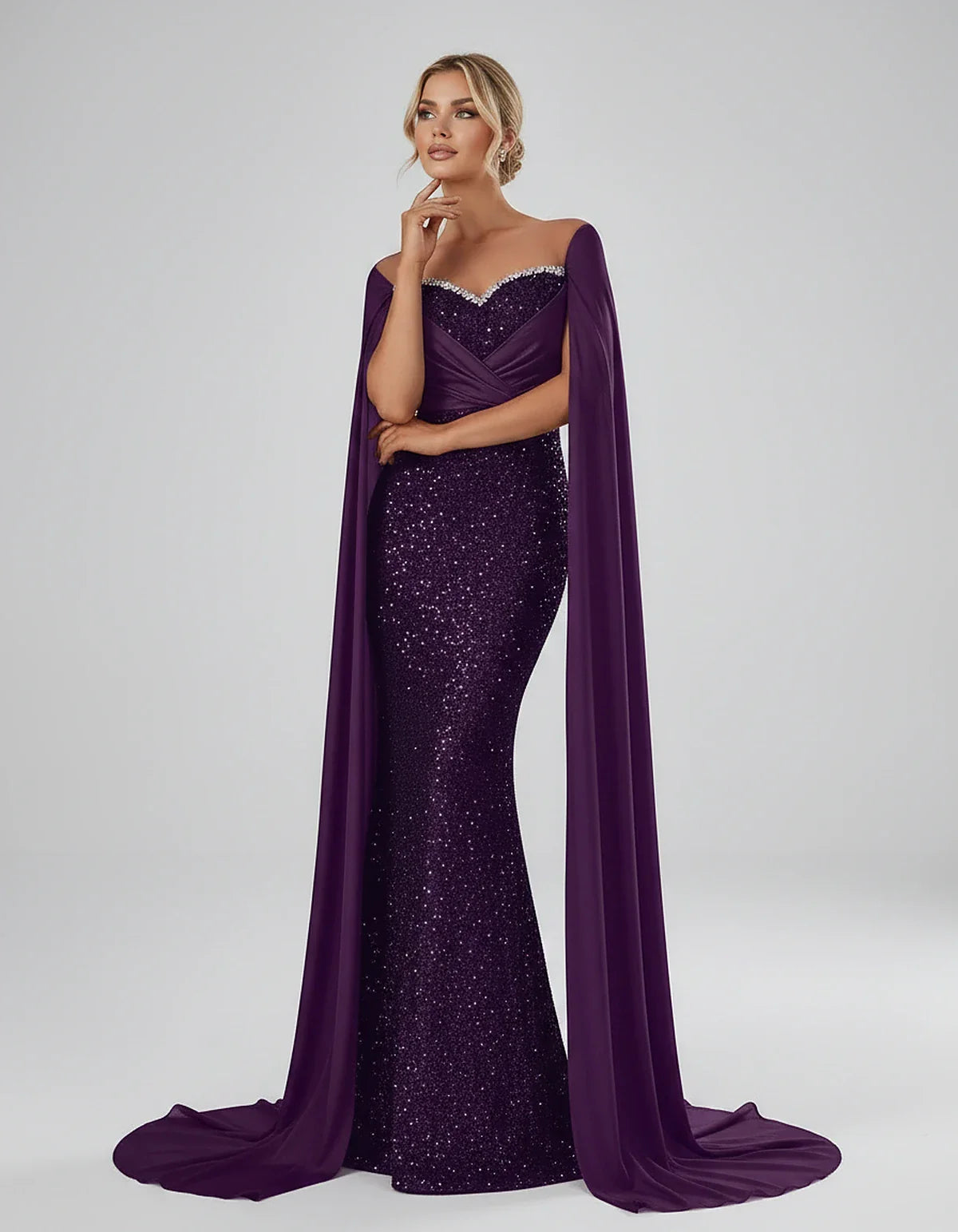 Sequin Cape Sleeve Sweetheart Mermaid Maxi Dress for Party, Cocktail, Evening, Wedding Guest, Prom & Summer Events, front vie | SKU: CMD-583920174618352-PLUM-L,CMD-583920174618352-PLUM-M,CMD-583920174618352-PLUM-S,CMD-583920174618352-PLUM-XL,CMD-583920174618352-PLUM-XS