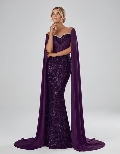 Sequin Cape Sleeve Sweetheart Mermaid Maxi Dress for Party, Cocktail, Evening, Wedding Guest, Prom & Summer Events, front vie | SKU: CMD-583920174618352-PLUM-L,CMD-583920174618352-PLUM-M,CMD-583920174618352-PLUM-S,CMD-583920174618352-PLUM-XL,CMD-583920174618352-PLUM-XS