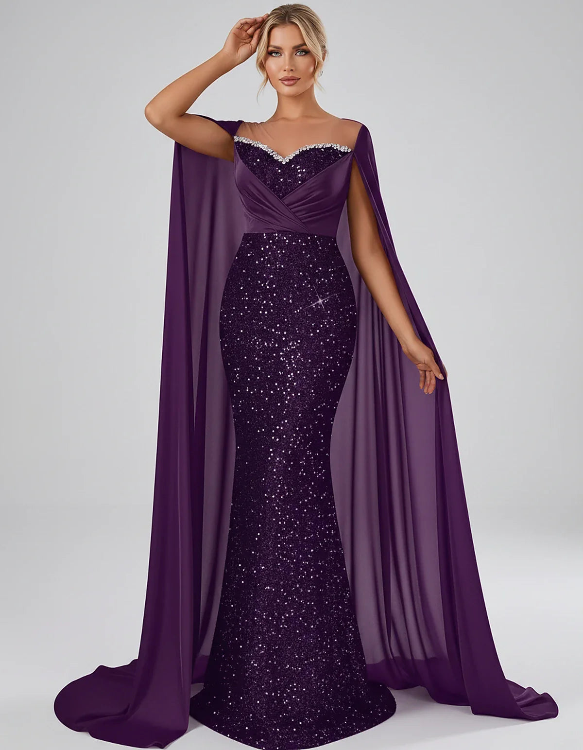 Sequin Cape Sleeve Sweetheart Mermaid Maxi Dress for Party, Cocktail, Evening, Wedding Guest, Prom & Summer Events, front vie | SKU: CMD-583920174618352-PLUM-L,CMD-583920174618352-PLUM-M,CMD-583920174618352-PLUM-S,CMD-583920174618352-PLUM-XL,CMD-583920174618352-PLUM-XS