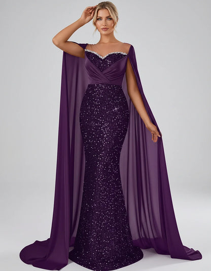 Sequin Cape Sleeve Sweetheart Mermaid Maxi Dress for Party, Cocktail, Evening, Wedding Guest, Prom & Summer Events, front vie | SKU: CMD-583920174618352-PLUM-L,CMD-583920174618352-PLUM-M,CMD-583920174618352-PLUM-S,CMD-583920174618352-PLUM-XL,CMD-583920174618352-PLUM-XS