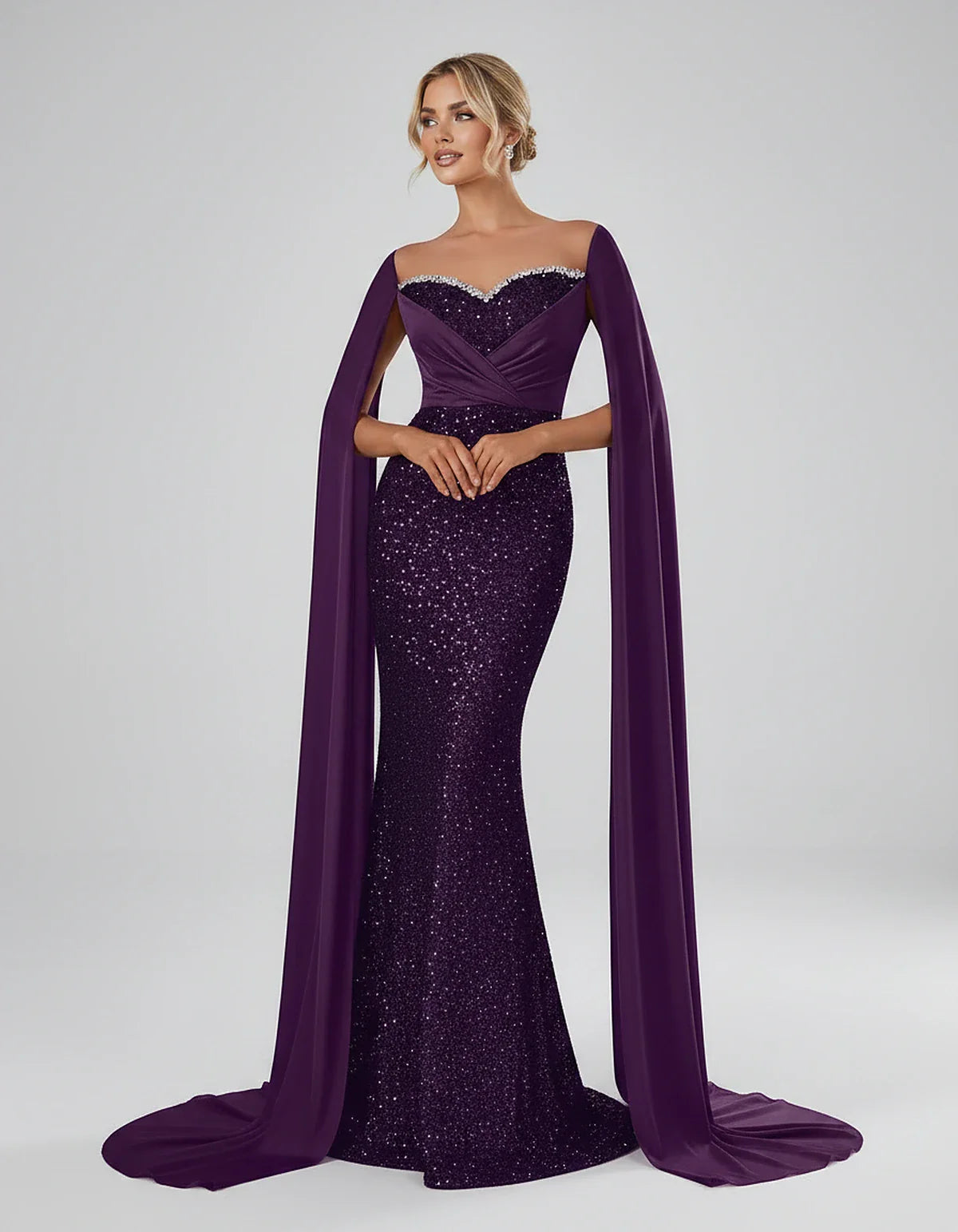 Sequin Cape Sleeve Sweetheart Mermaid Maxi Dress for Party, Cocktail, Evening, Wedding Guest, Prom & Summer Events, front vie | SKU: CMD-583920174618352-PLUM-L,CMD-583920174618352-PLUM-M,CMD-583920174618352-PLUM-S,CMD-583920174618352-PLUM-XL,CMD-583920174618352-PLUM-XS
