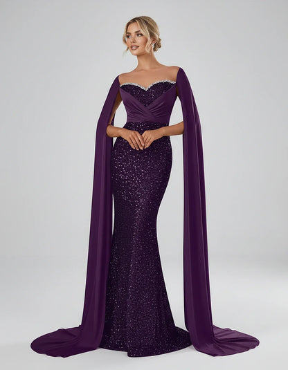Sequin Cape Sleeve Sweetheart Mermaid Maxi Dress for Party, Cocktail, Evening, Wedding Guest, Prom & Summer Events, front vie | SKU: CMD-583920174618352-PLUM-L,CMD-583920174618352-PLUM-M,CMD-583920174618352-PLUM-S,CMD-583920174618352-PLUM-XL,CMD-583920174618352-PLUM-XS