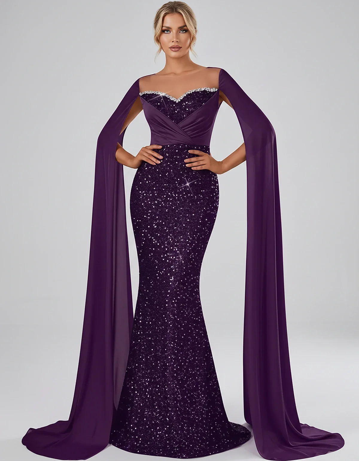 Sequin Cape Sleeve Sweetheart Mermaid Maxi Dress for Party, Cocktail, Evening, Wedding Guest, Prom & Summer Events, front vie | SKU: CMD-583920174618352-PLUM-L,CMD-583920174618352-PLUM-M,CMD-583920174618352-PLUM-S,CMD-583920174618352-PLUM-XL,CMD-583920174618352-PLUM-XS