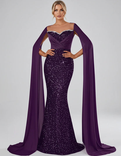 Sequin Cape Sleeve Sweetheart Mermaid Maxi Dress for Party, Cocktail, Evening, Wedding Guest, Prom & Summer Events, front vie | SKU: CMD-583920174618352-PLUM-L,CMD-583920174618352-PLUM-M,CMD-583920174618352-PLUM-S,CMD-583920174618352-PLUM-XL,CMD-583920174618352-PLUM-XS