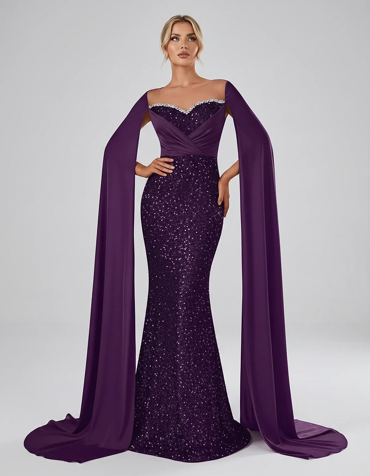 Sequin Cape Sleeve Sweetheart Mermaid Maxi Dress for Party, Cocktail, Evening, Wedding Guest, Prom & Summer Events, front vie | SKU: CMD-583920174618352-PLUM-L,CMD-583920174618352-PLUM-M,CMD-583920174618352-PLUM-S,CMD-583920174618352-PLUM-XL,CMD-583920174618352-PLUM-XS