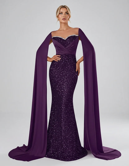 Sequin Cape Sleeve Sweetheart Mermaid Maxi Dress for Party, Cocktail, Evening, Wedding Guest, Prom & Summer Events, front vie | SKU: CMD-583920174618352-PLUM-L,CMD-583920174618352-PLUM-M,CMD-583920174618352-PLUM-S,CMD-583920174618352-PLUM-XL,CMD-583920174618352-PLUM-XS