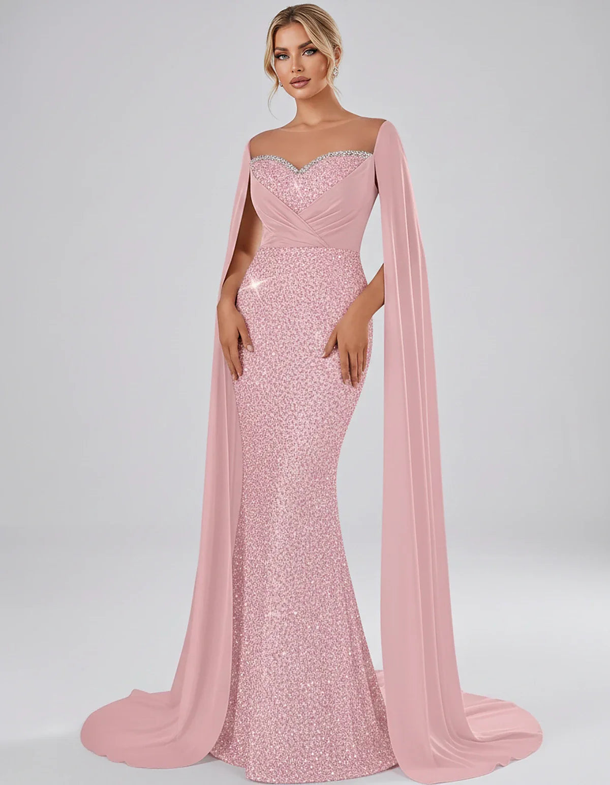 Sequin Cape Sleeve Sweetheart Mermaid Maxi Dress for Party, Cocktail, Evening, Wedding Guest, Prom & Summer Events, front vie | SKU: CMD-583920174618352-BLUSH-L,CMD-583920174618352-BLUSH-M,CMD-583920174618352-BLUSH-S,CMD-583920174618352-BLUSH-XL,CMD-583920174618352-BLUSH-XS