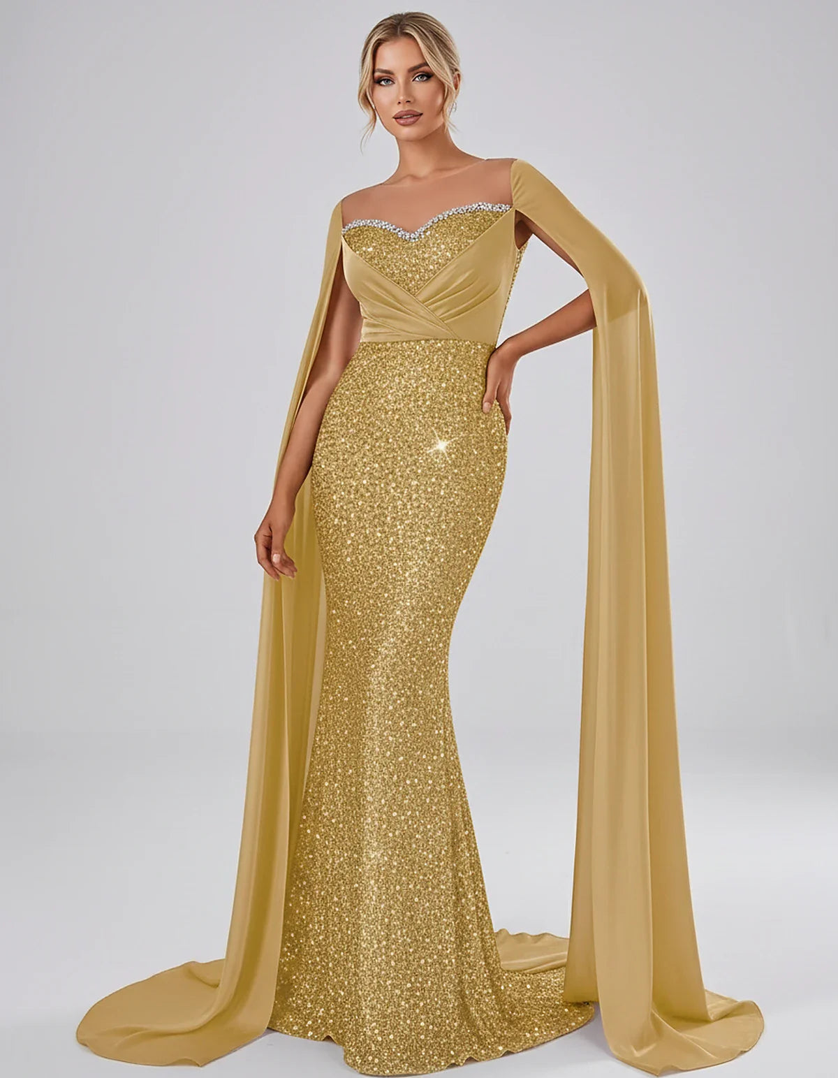 Sequin Cape Sleeve Sweetheart Mermaid Maxi Dress for Party, Cocktail, Evening, Wedding Guest, Prom & Summer Events, front vie | SKU: CMD-583920174618352-GOLD-L,CMD-583920174618352-GOLD-M,CMD-583920174618352-GOLD-S,CMD-583920174618352-GOLD-XL,CMD-583920174618352-GOLD-XS