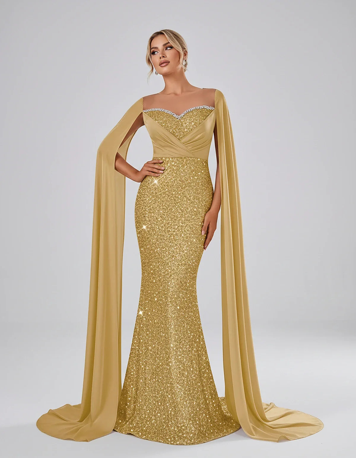 Sequin Cape Sleeve Sweetheart Mermaid Maxi Dress for Party, Cocktail, Evening, Wedding Guest, Prom & Summer Events, front vie | SKU: CMD-583920174618352-GOLD-L,CMD-583920174618352-GOLD-M,CMD-583920174618352-GOLD-S,CMD-583920174618352-GOLD-XL,CMD-583920174618352-GOLD-XS