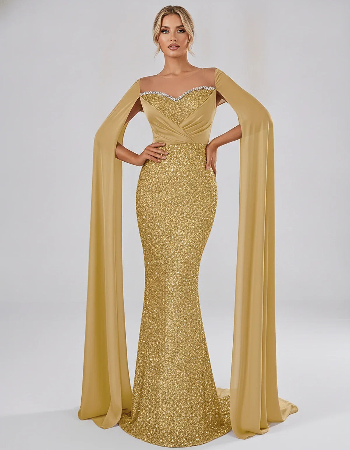 Sequin Cape Sleeve Sweetheart Mermaid Maxi Dress for Party, Cocktail, Evening, Wedding Guest, Prom & Summer Events, front vie | SKU: CMD-583920174618352-GOLD-L,CMD-583920174618352-GOLD-M,CMD-583920174618352-GOLD-S,CMD-583920174618352-GOLD-XL,CMD-583920174618352-GOLD-XS