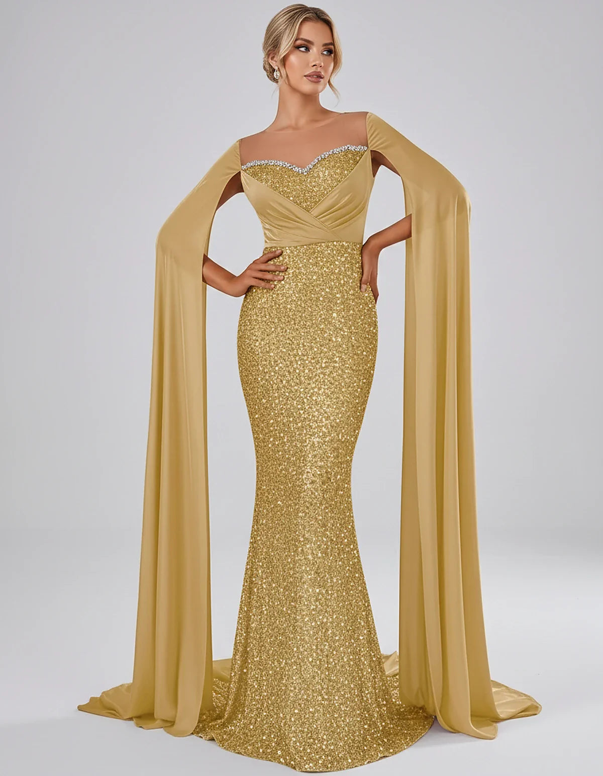 Sequin Cape Sleeve Sweetheart Mermaid Maxi Dress for Party, Cocktail, Evening, Wedding Guest, Prom & Summer Events, front vie | SKU: CMD-583920174618352-GOLD-L,CMD-583920174618352-GOLD-M,CMD-583920174618352-GOLD-S,CMD-583920174618352-GOLD-XL,CMD-583920174618352-GOLD-XS