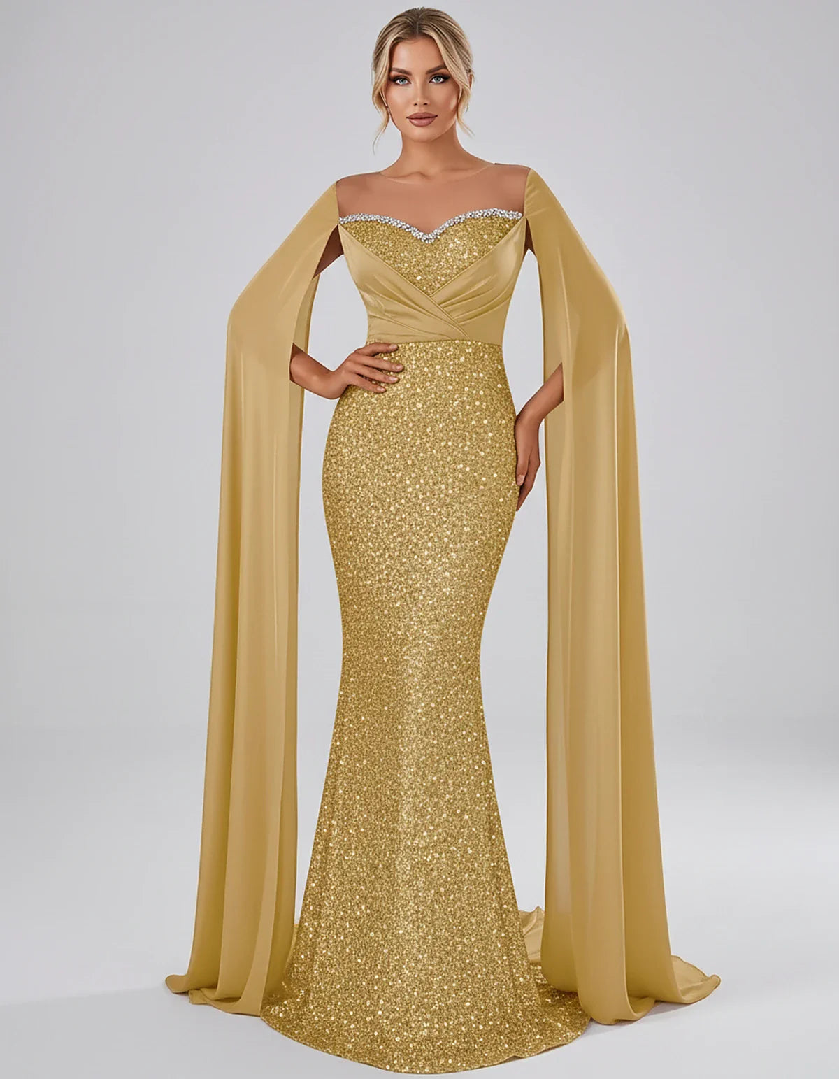 Sequin Cape Sleeve Sweetheart Mermaid Maxi Dress for Party, Cocktail, Evening, Wedding Guest, Prom & Summer Events, front vie | SKU: CMD-583920174618352-GOLD-L,CMD-583920174618352-GOLD-M,CMD-583920174618352-GOLD-S,CMD-583920174618352-GOLD-XL,CMD-583920174618352-GOLD-XS