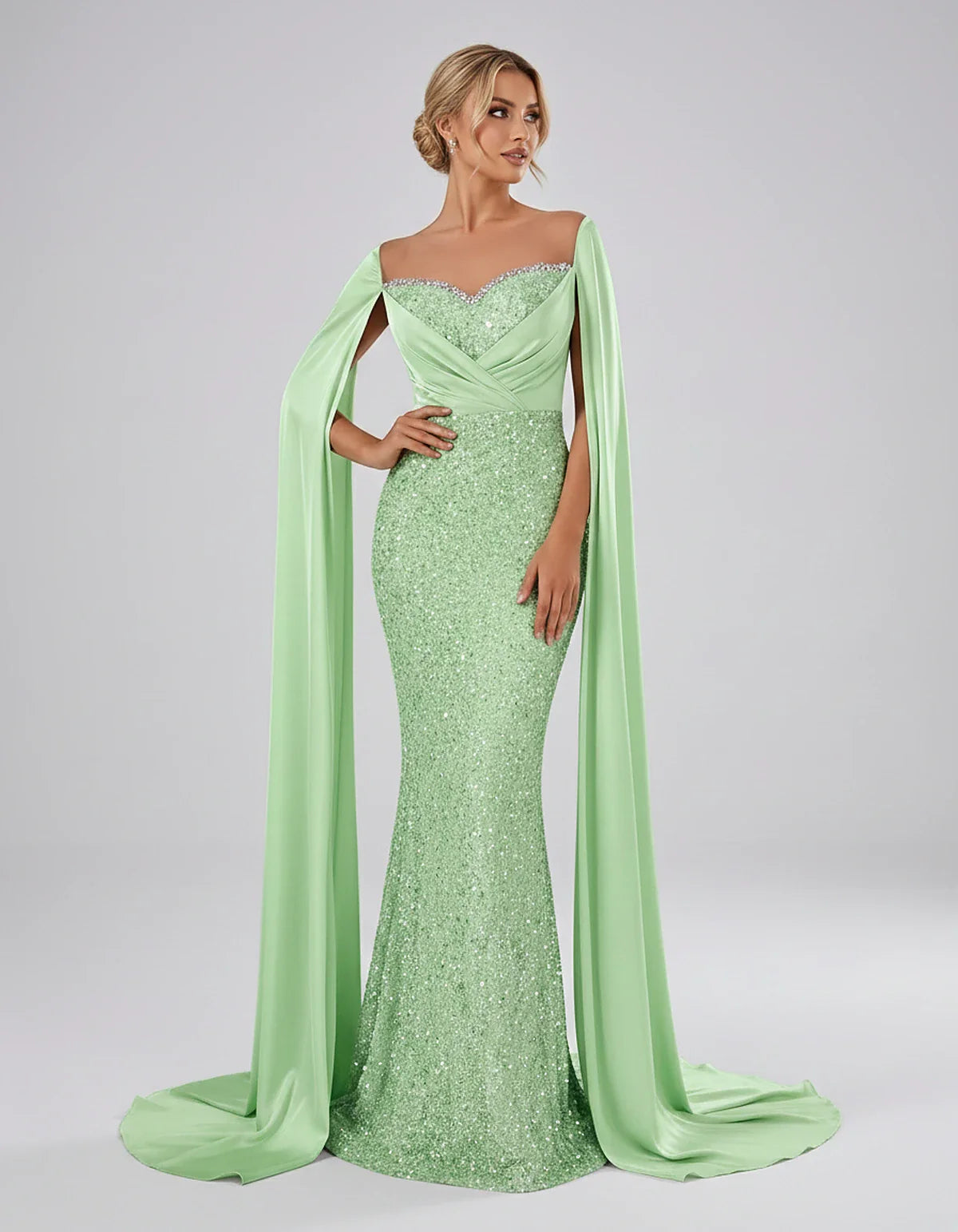 Sequin Cape Sleeve Sweetheart Mermaid Maxi Dress for Party, Cocktail, Evening, Wedding Guest, Prom & Summer Events, front vie | SKU: CMD-583920174618352-MINT-L,CMD-583920174618352-MINT-M,CMD-583920174618352-MINT-S,CMD-583920174618352-MINT-XL,CMD-583920174618352-MINT-XS