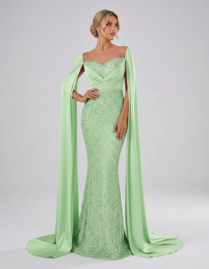 Sequin Cape Sleeve Sweetheart Mermaid Maxi Dress for Party, Cocktail, Evening, Wedding Guest, Prom & Summer Events, front vie | SKU: CMD-583920174618352-MINT-L,CMD-583920174618352-MINT-M,CMD-583920174618352-MINT-S,CMD-583920174618352-MINT-XL,CMD-583920174618352-MINT-XS