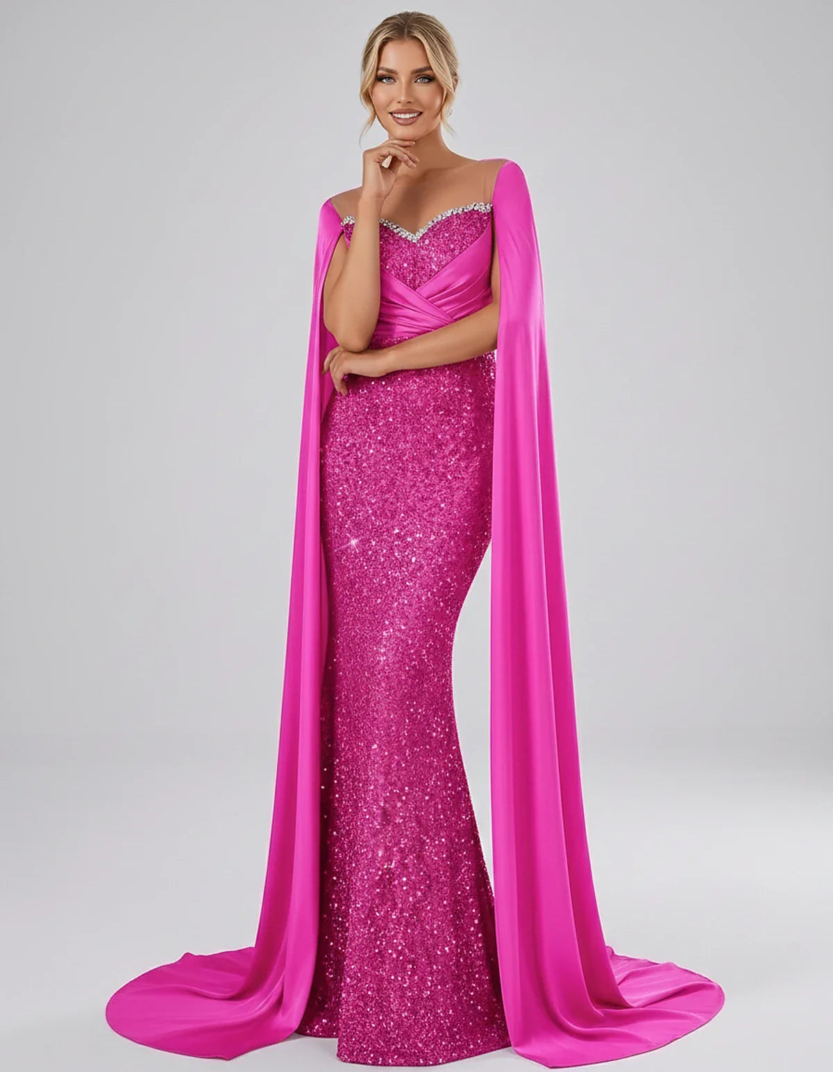 Sequin Cape Sleeve Sweetheart Mermaid Maxi Dress for Party, Cocktail, Evening, Wedding Guest, Prom & Summer Events, front vie | SKU: CMD-583920174618352-FUCHSIA-L,CMD-583920174618352-FUCHSIA-M,CMD-583920174618352-FUCHSIA-S,CMD-583920174618352-FUCHSIA-XL,CMD-583920174618352-FUCHSIA-XS