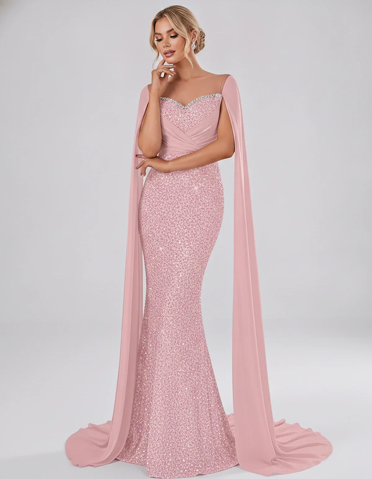 Sequin Cape Sleeve Sweetheart Mermaid Maxi Dress for Party, Cocktail, Evening, Wedding Guest, Prom & Summer Events, front vie | SKU: CMD-583920174618352-BLUSH-L,CMD-583920174618352-BLUSH-M,CMD-583920174618352-BLUSH-S,CMD-583920174618352-BLUSH-XL,CMD-583920174618352-BLUSH-XS