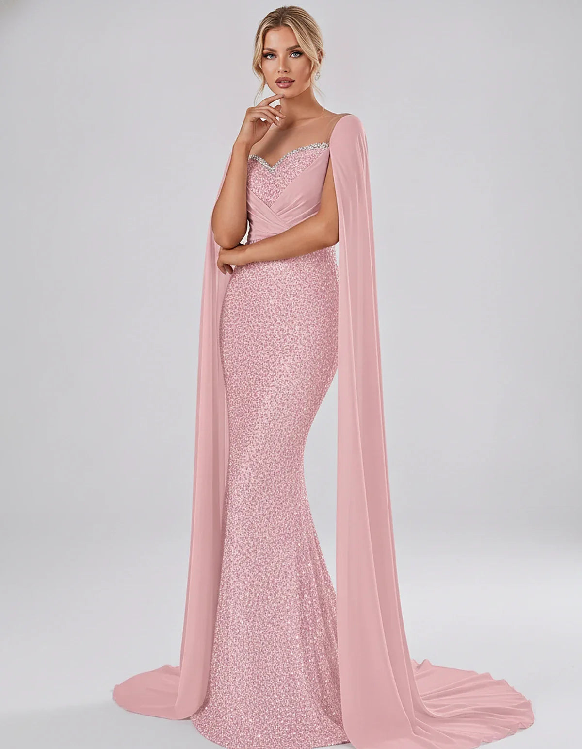 Sequin Cape Sleeve Sweetheart Mermaid Maxi Dress for Party, Cocktail, Evening, Wedding Guest, Prom & Summer Events, side view | SKU: CMD-583920174618352-BLUSH-L,CMD-583920174618352-BLUSH-M,CMD-583920174618352-BLUSH-S,CMD-583920174618352-BLUSH-XL,CMD-583920174618352-BLUSH-XS