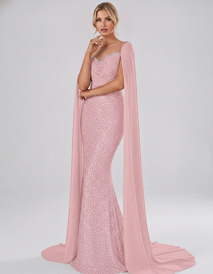Sequin Cape Sleeve Sweetheart Mermaid Maxi Dress for Party, Cocktail, Evening, Wedding Guest, Prom & Summer Events, side view | SKU: CMD-583920174618352-BLUSH-L,CMD-583920174618352-BLUSH-M,CMD-583920174618352-BLUSH-S,CMD-583920174618352-BLUSH-XL,CMD-583920174618352-BLUSH-XS