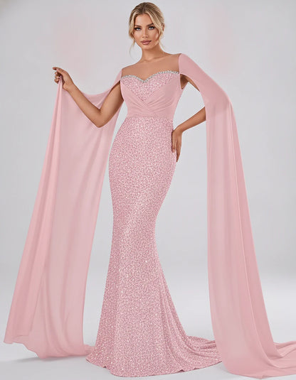 Sequin Cape Sleeve Sweetheart Mermaid Maxi Dress for Party, Cocktail, Evening, Wedding Guest, Prom & Summer Events, front vie | SKU: CMD-583920174618352-BLUSH-L,CMD-583920174618352-BLUSH-M,CMD-583920174618352-BLUSH-S,CMD-583920174618352-BLUSH-XL,CMD-583920174618352-BLUSH-XS