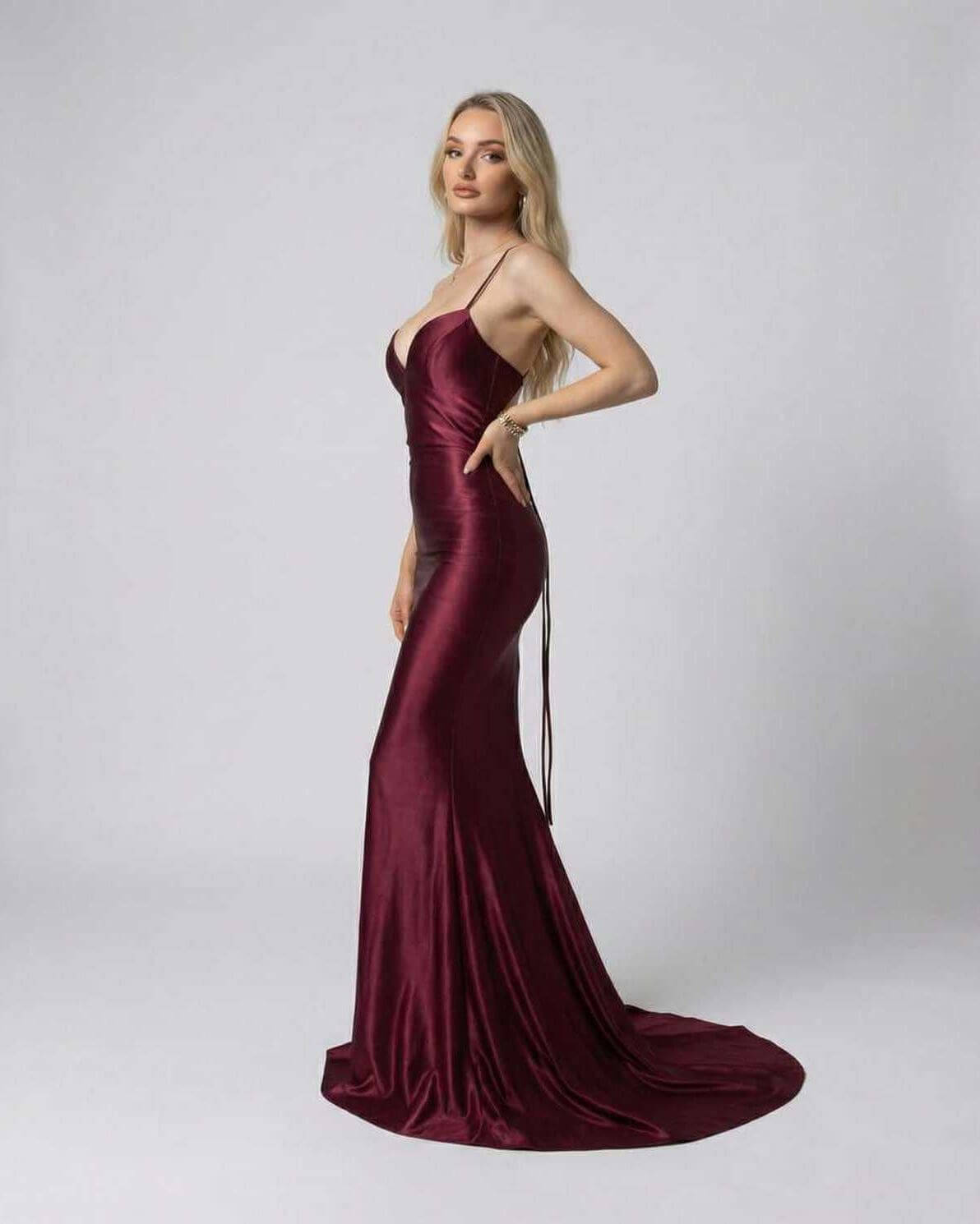 Cetara Maxi Dress in burgundy satin, features elegant silhouette, perfect for formal occasions, by RAMBLION.