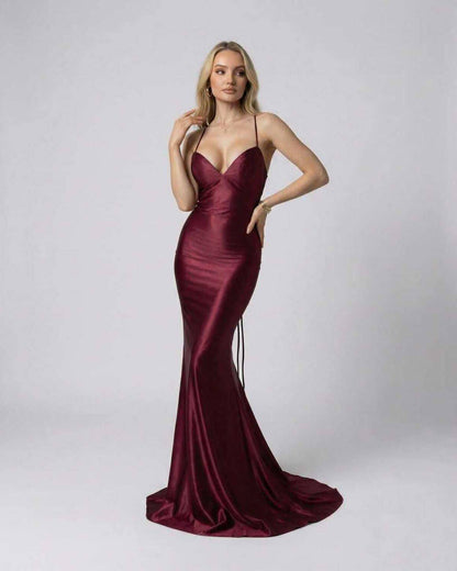 Elegant Cetara Maxi Dress in burgundy satin, featuring a V Neck design, perfect for formal occasions, by RAMBLION.