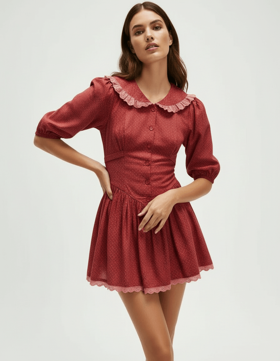 Chenille Mini Dress by RAMBLION, red A-line silhouette, soft polyester, vintage-inspired, perfect for playful occasions.