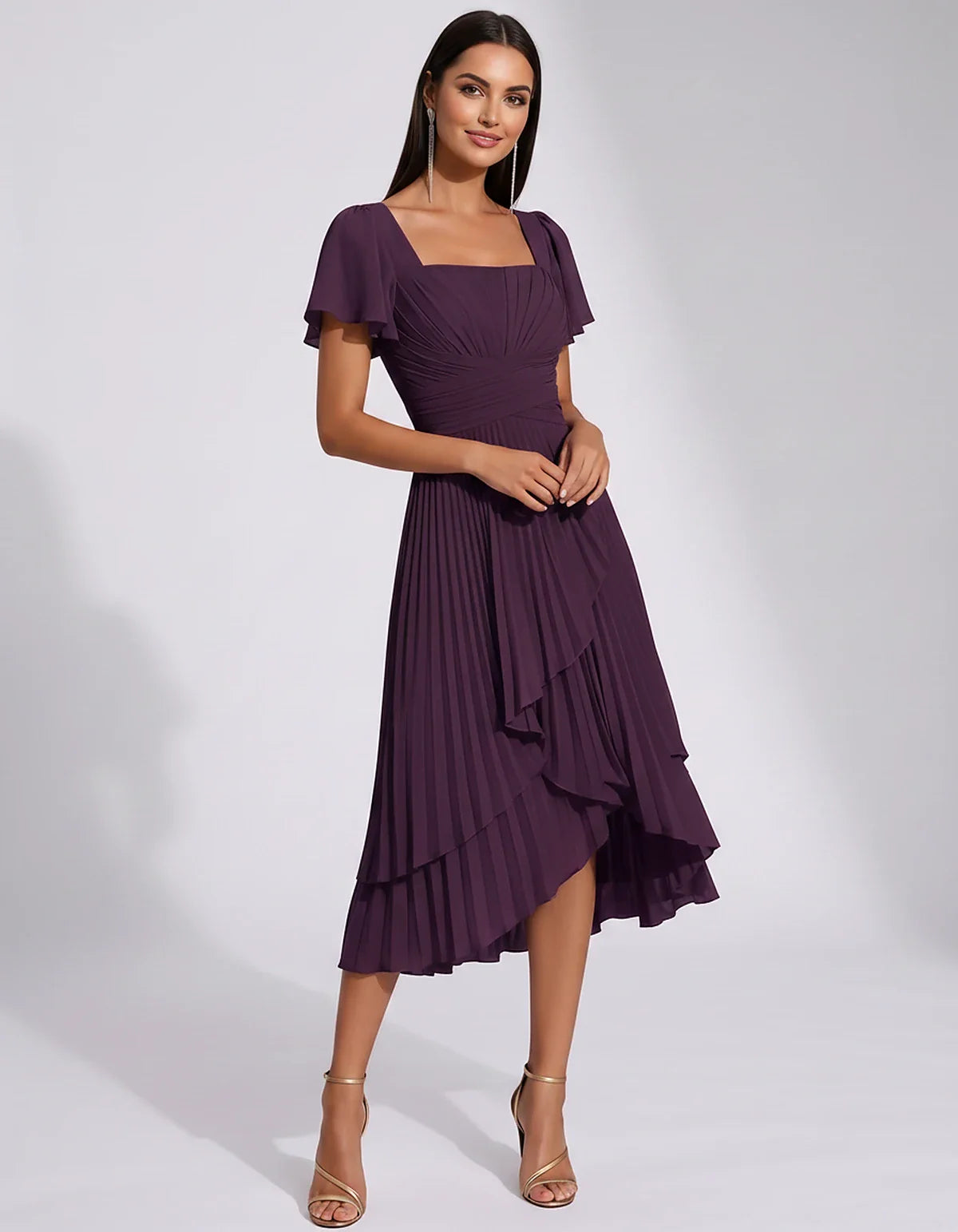 Chiffon Short Flutter Sleeve Square Neck A-Line Pleated Midi Dress for Party Cocktail Evening Wedding Guest Summer Events Ele | SKU: MD-482910375641208-PLUM-L,MD-482910375641208-PLUM-M,MD-482910375641208-PLUM-S,MD-482910375641208-PLUM-XL,MD-482910375641208-PLUM-XS