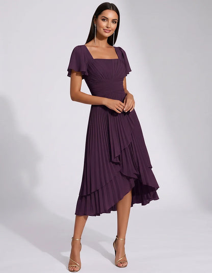 Chiffon Short Flutter Sleeve Square Neck A-Line Pleated Midi Dress for Party Cocktail Evening Wedding Guest Summer Events Ele | SKU: MD-482910375641208-PLUM-L,MD-482910375641208-PLUM-M,MD-482910375641208-PLUM-S,MD-482910375641208-PLUM-XL,MD-482910375641208-PLUM-XS
