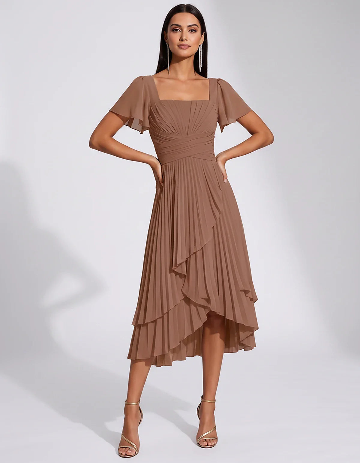 Chiffon Short Flutter Sleeve Square Neck A-Line Pleated Midi Dress for Party Cocktail Evening Wedding Guest Summer Events Ele | SKU: MD-482910375641208-BROWN-L,MD-482910375641208-BROWN-M,MD-482910375641208-BROWN-S,MD-482910375641208-BROWN-XL,MD-482910375641208-BROWN-XS