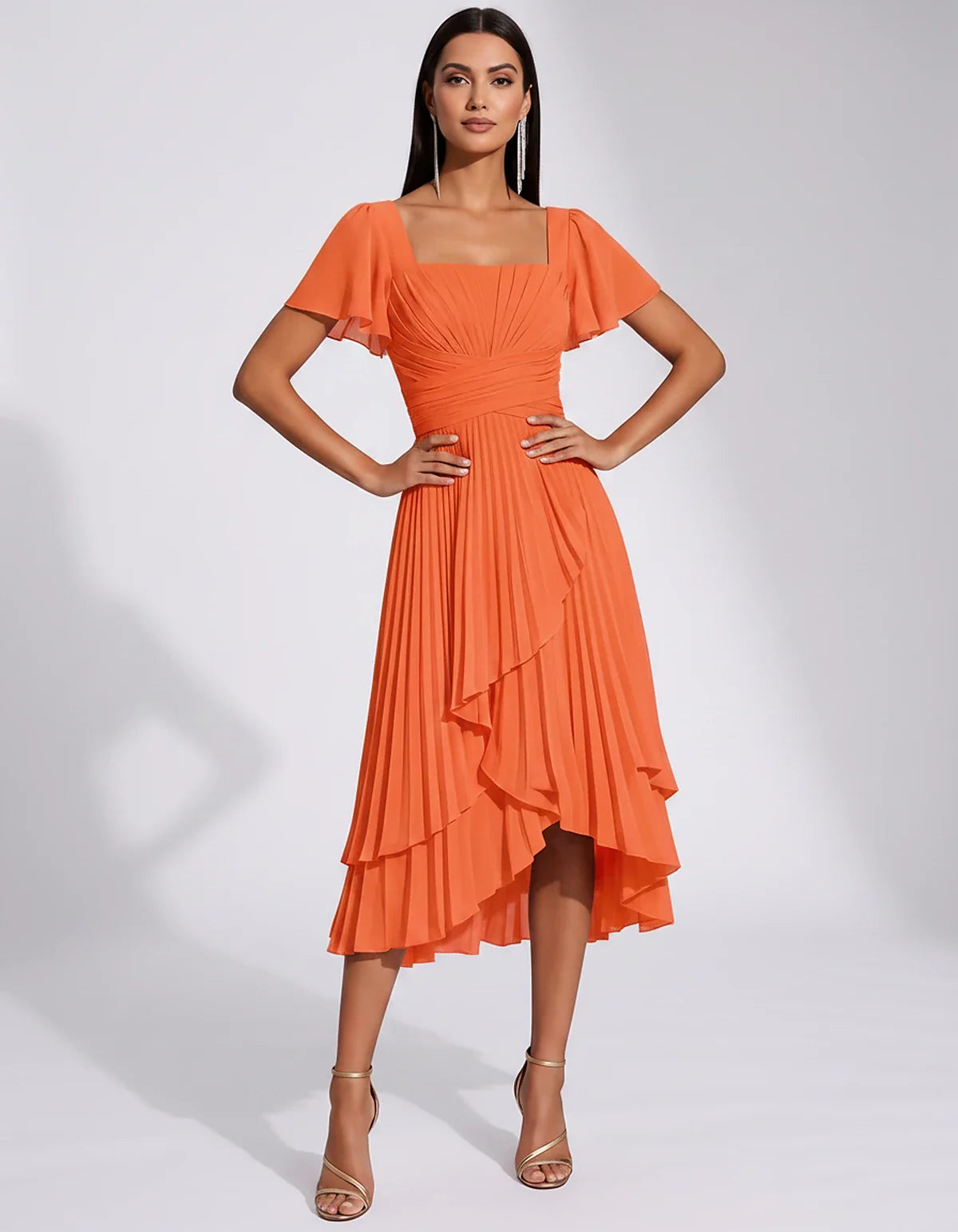 Chiffon Short Flutter Sleeve Square Neck A-Line Pleated Midi Dress for Party Cocktail Evening Wedding Guest Summer Events Ele | SKU: MD-482910375641208-ORANGE-L,MD-482910375641208-ORANGE-M,MD-482910375641208-ORANGE-S,MD-482910375641208-ORANGE-XL,MD-482910375641208-ORANGE-XS