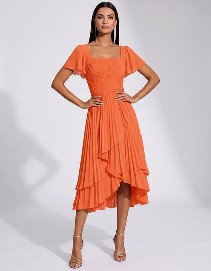 Chiffon Short Flutter Sleeve Square Neck A-Line Pleated Midi Dress for Party Cocktail Evening Wedding Guest Summer Events Ele | SKU: MD-482910375641208-ORANGE-L,MD-482910375641208-ORANGE-M,MD-482910375641208-ORANGE-S,MD-482910375641208-ORANGE-XL,MD-482910375641208-ORANGE-XS